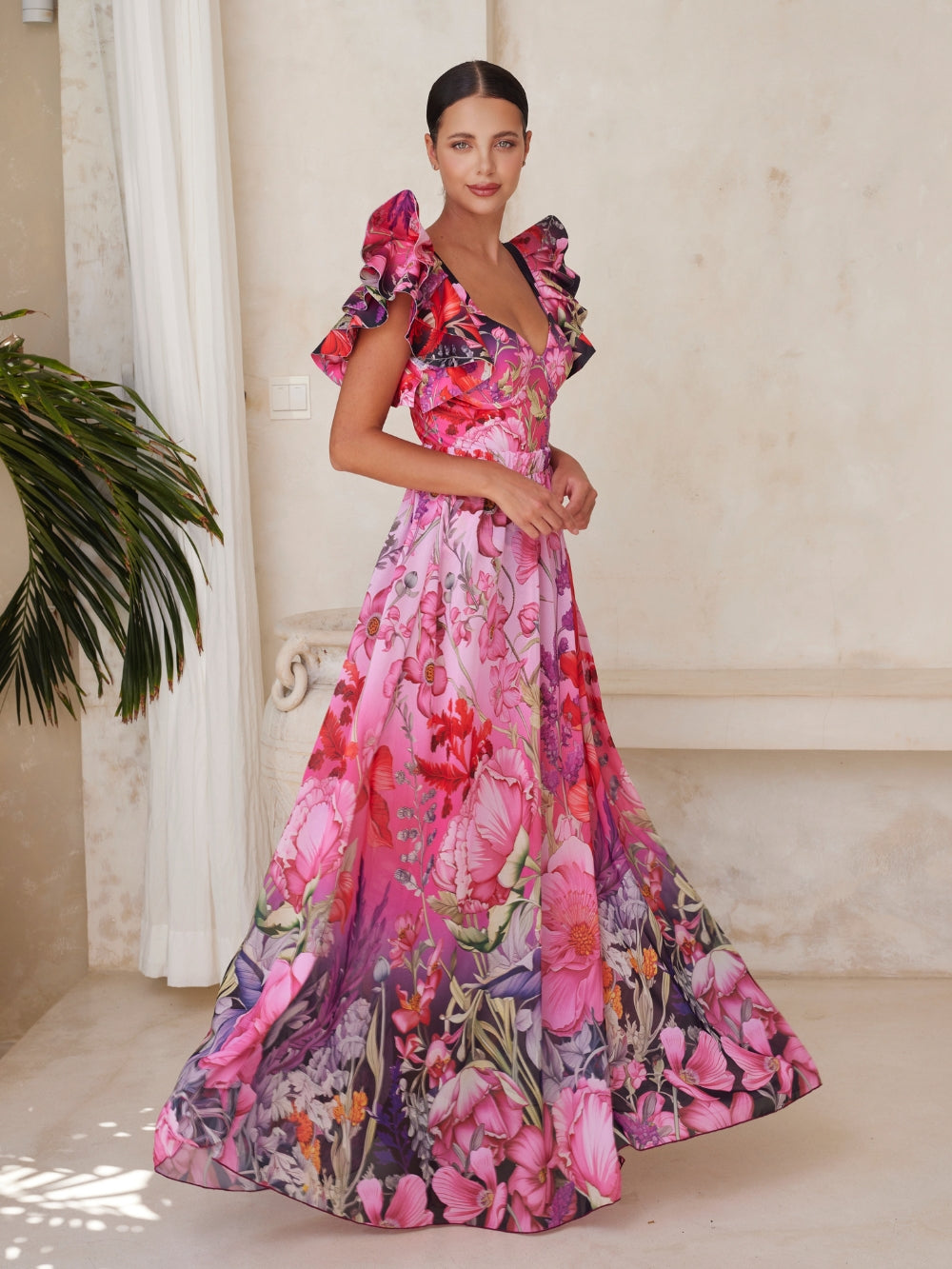 Plus Size Ruffled Blooming Flowers Print One Piece Swimsuit and Sarong