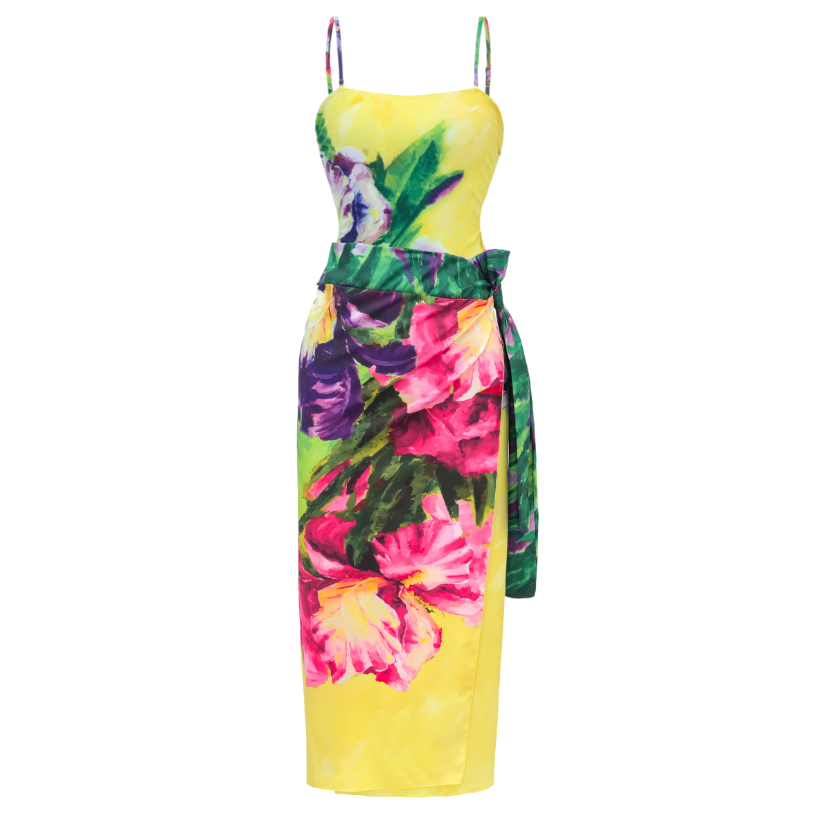 Yellow Oil Painting Flower Print Swimsuit and Sarong