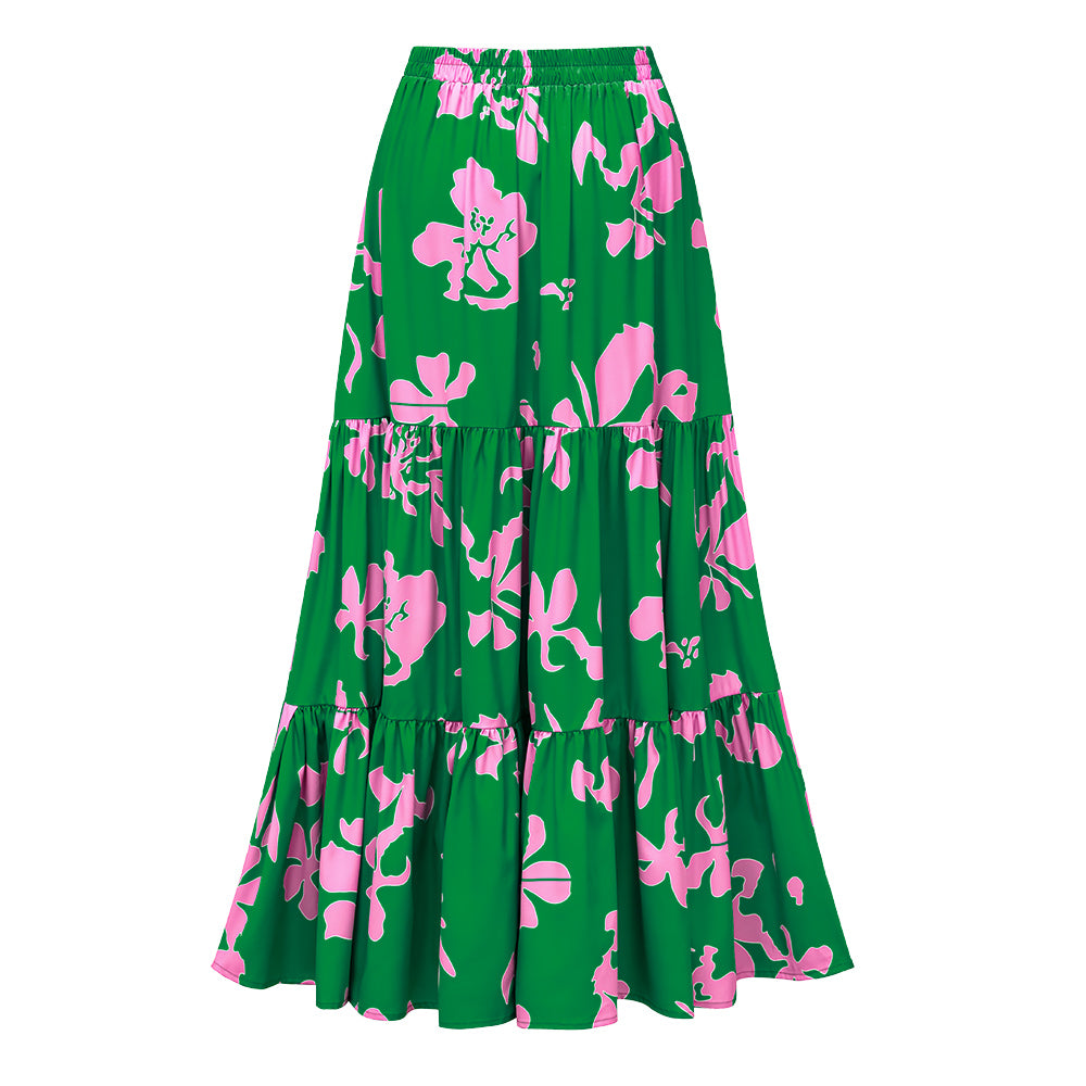 Ruffled Strap Printed One Piece Swimsuit and Skirt Flaxmaker