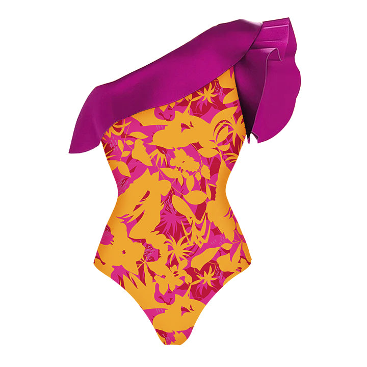 One Shoulder Ruffle Printed One Piece Swimsuit and Sarong Flaxmaker