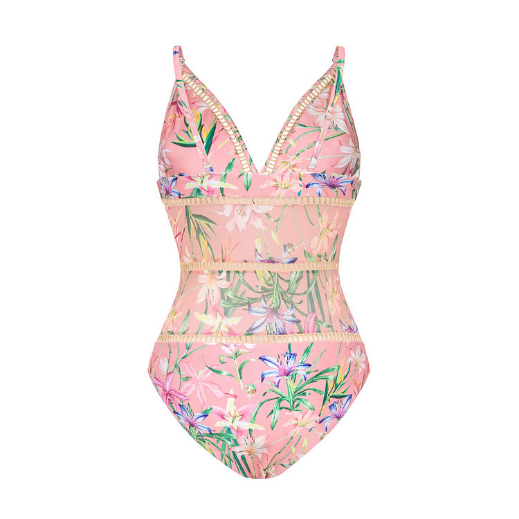 Floral Print One Piece Swimsuit and Mesh Splicing Skirt Flaxmaker