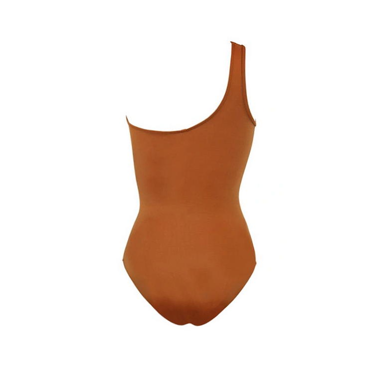 Plus Size One Shoulder Ruched Rust See Through One Piece Swimsuit and Sarong