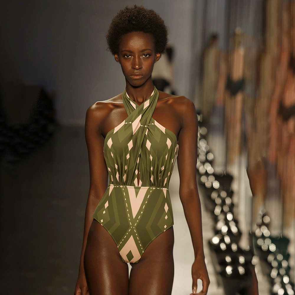 Halter Neck Geometric Pattern Print One Piece Swimsuit and Pants