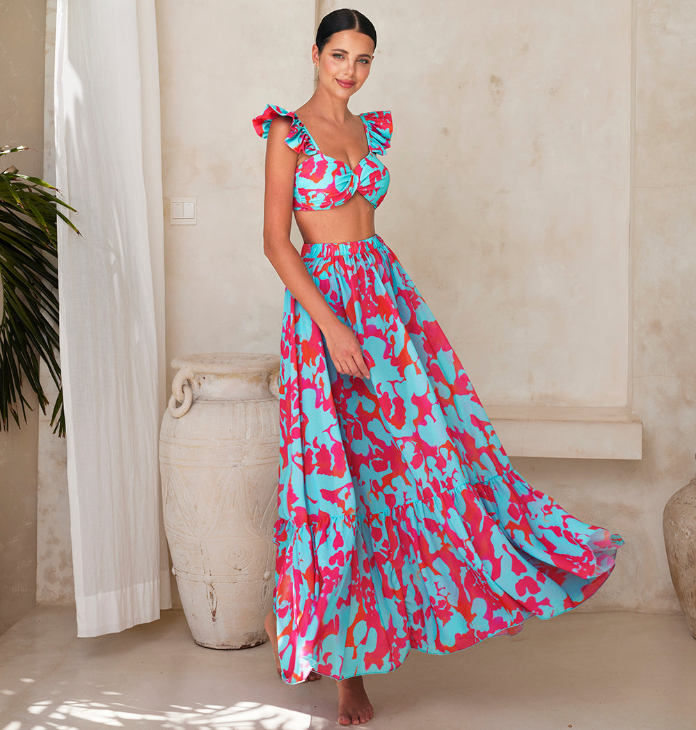Plus Size Printed Ruffle Bikini Swimsuit and Skirt
