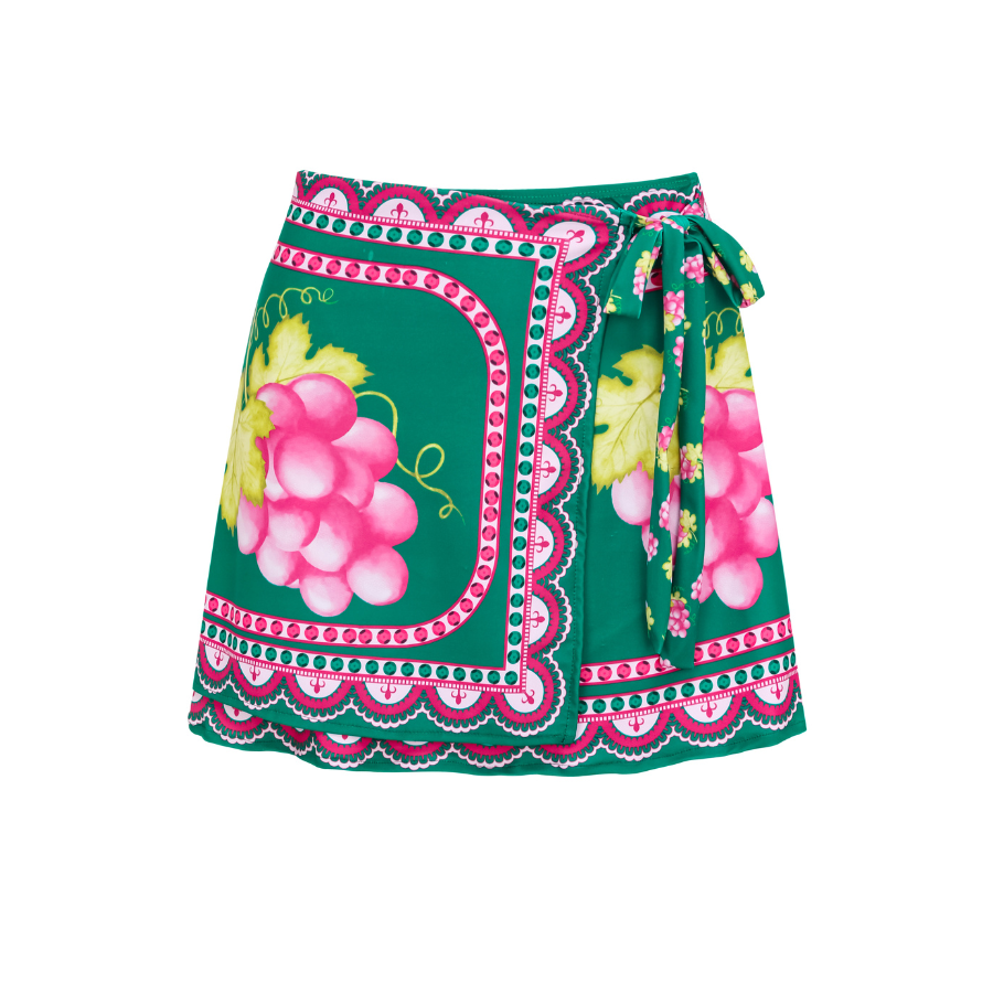 Ruffled Deep V Cutout Retro Green Grapes Print One Piece Swimsuit and Skirt
