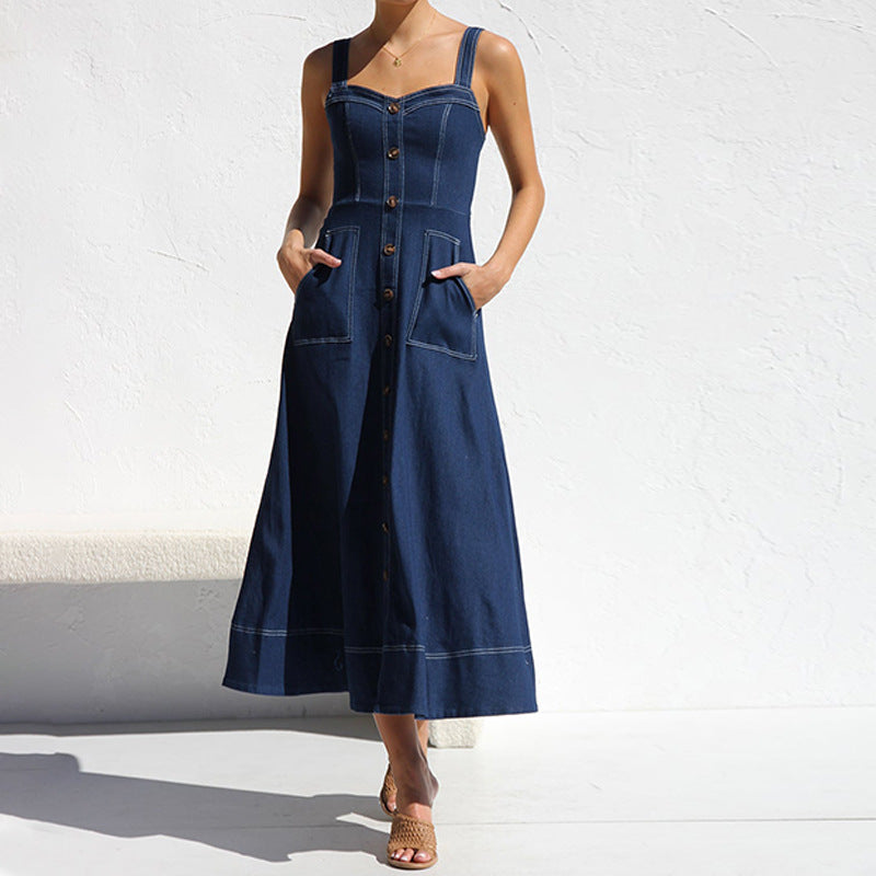 Buttons Sling  Dark Blue Denim Dress