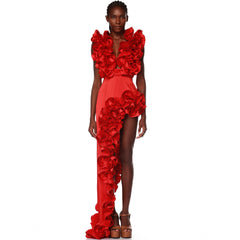 Plus Size Red Flower Frilled V Neck One Piece Swimsuit and Skirt