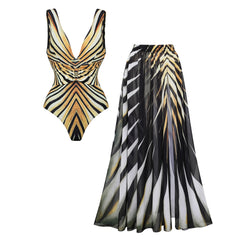 V-neck Tiger Stripe Print One Piece Swimsuit and Skirt
