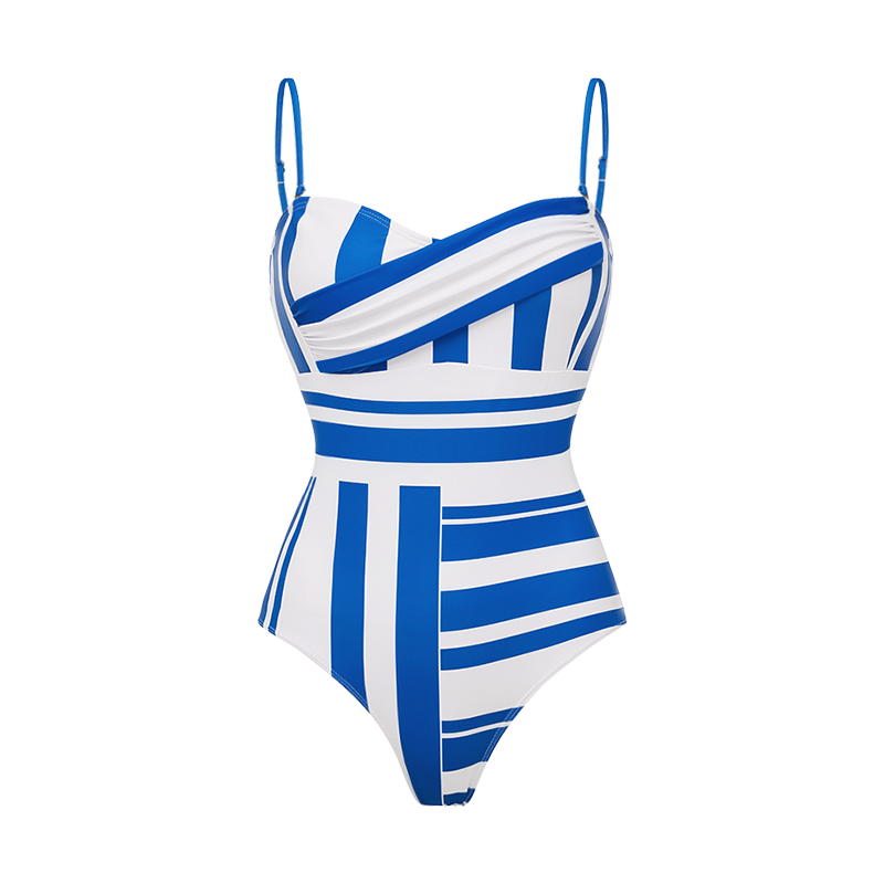 Sling Water Ripple Printed One Piece Swimsuit and Striped Skirt Flaxmaker