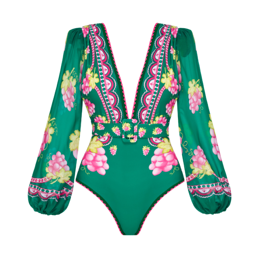 Plus Size Long-sleeved Retro Green Grapes Print One Piece Swimsuit and Skirt