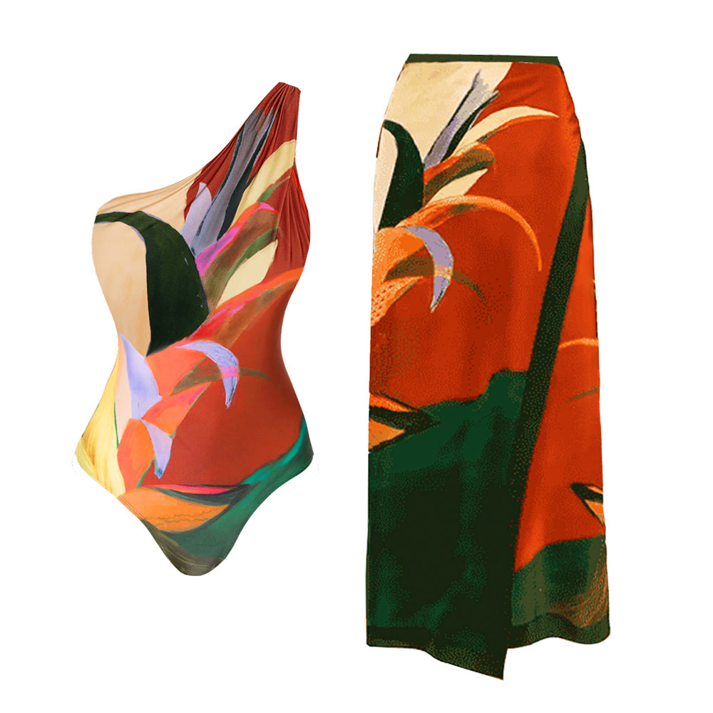 Plus Size One Shoulder Printed One Piece Swimsuit and Skirt