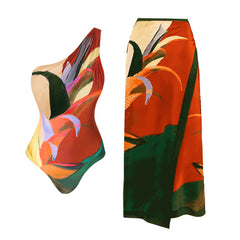 Plus Size One Shoulder Printed One Piece Swimsuit and Skirt