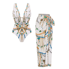 Drawstring Celestial Chains Print Swimsuit Set(s)