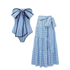 Plus Size Multi-Way Striped Bowknot One Piece Swimsuit and Skirt