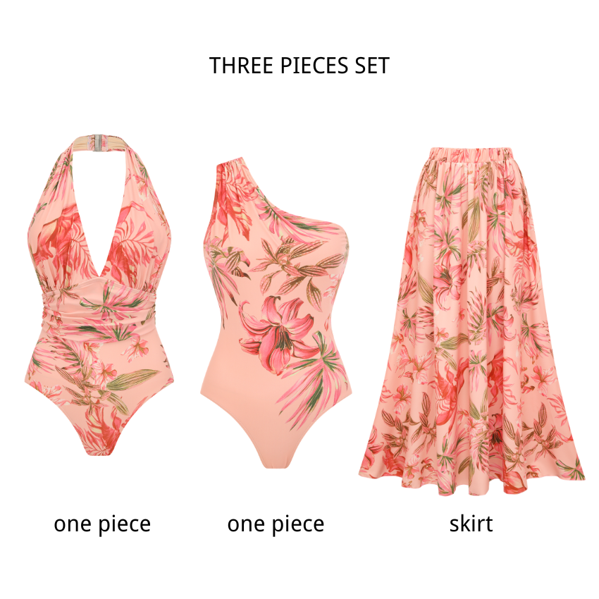 One Shoulder Pink Lily Print Swimsuit Set(s)
