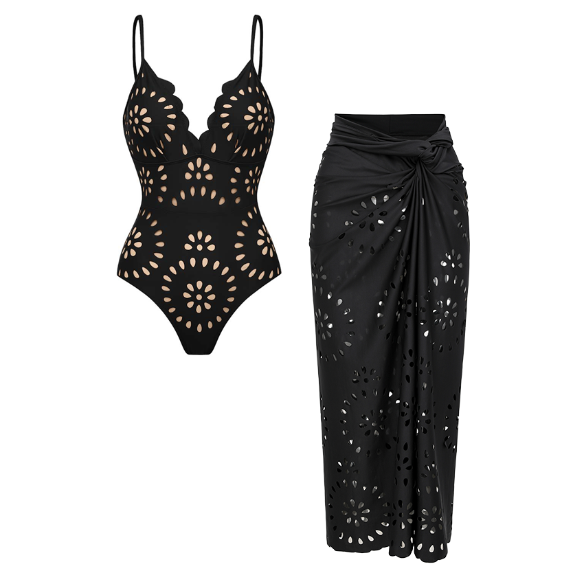 Plus Size Black Laser Cutting Flower Hollow One Piece Swimsuit and Skirt