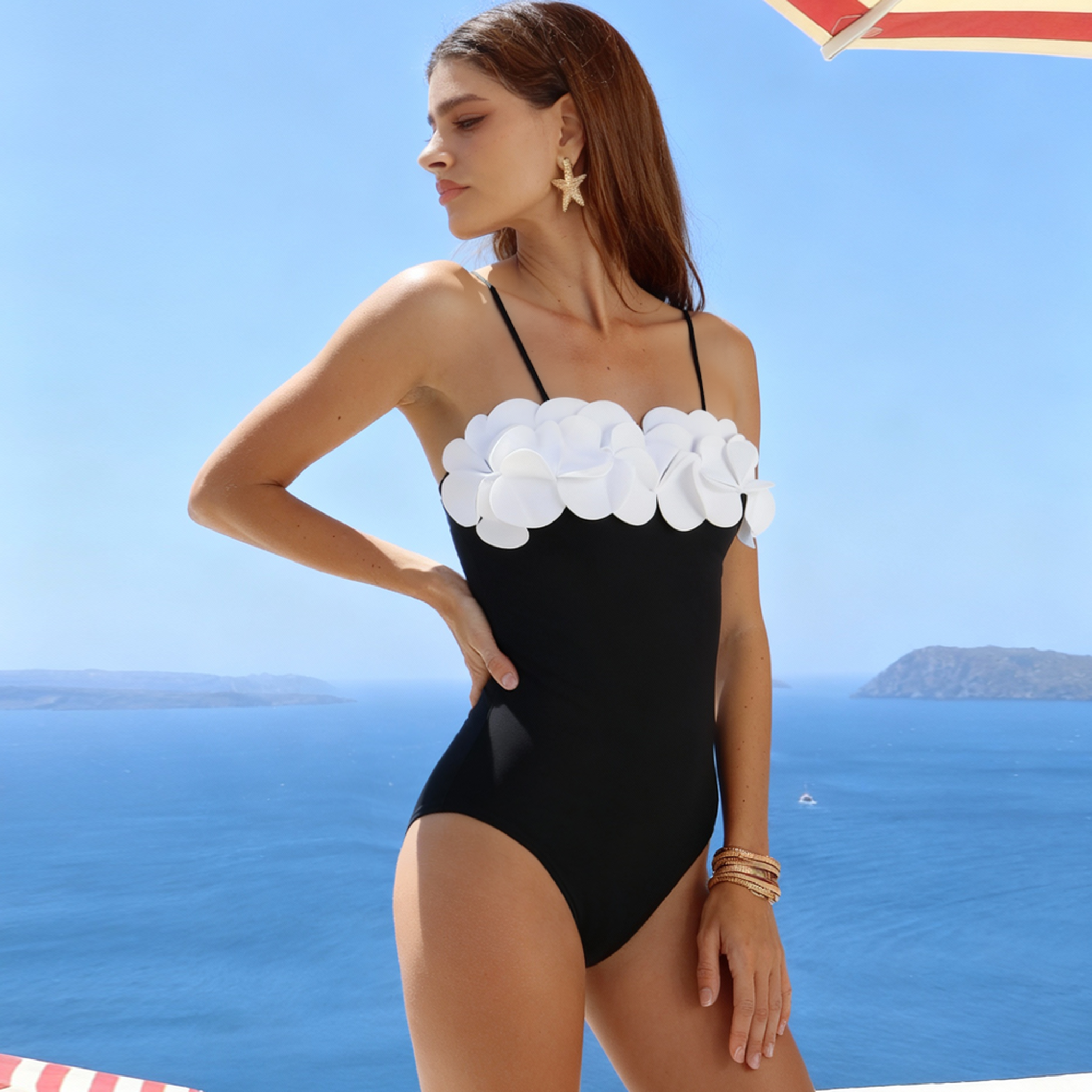 Plus Size Bandeau 3D Flower Color Block One Piece Swimsuit And Skirt