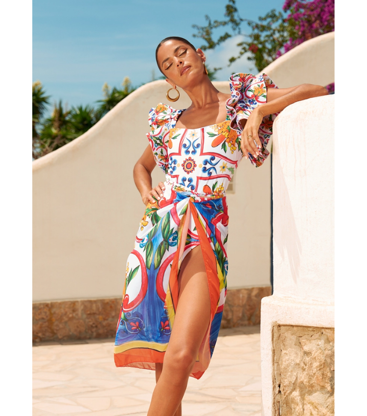 Plus Size Ruffle Sleeves  Paisley-print  One Piece Swimsuit and Sarong or Paints Flaxmaker