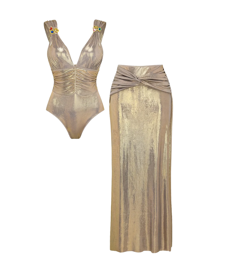 Plus Size Stone Decoration Shiny One Piece Swimsuit and Skirt
