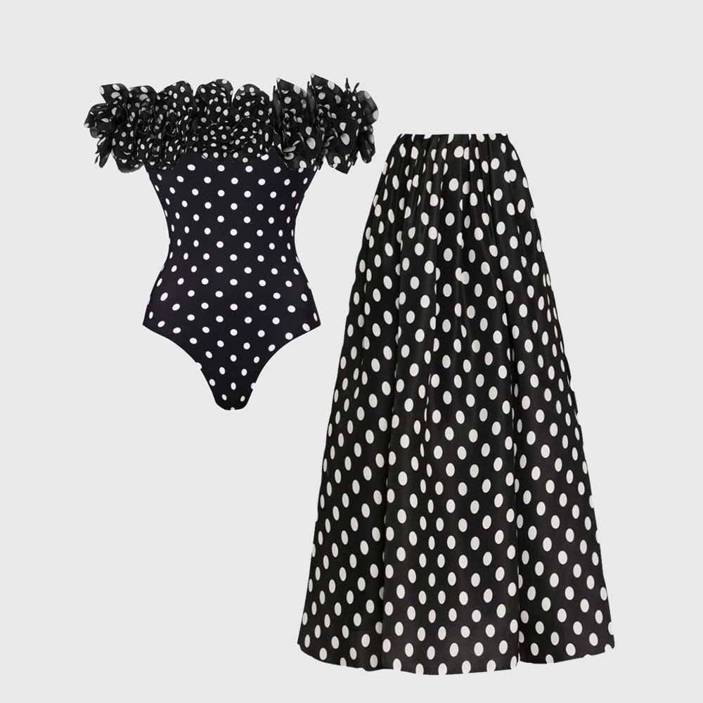 Plus Size Bandeau Polka Dot Print One Piece Swimsuit and Skirt