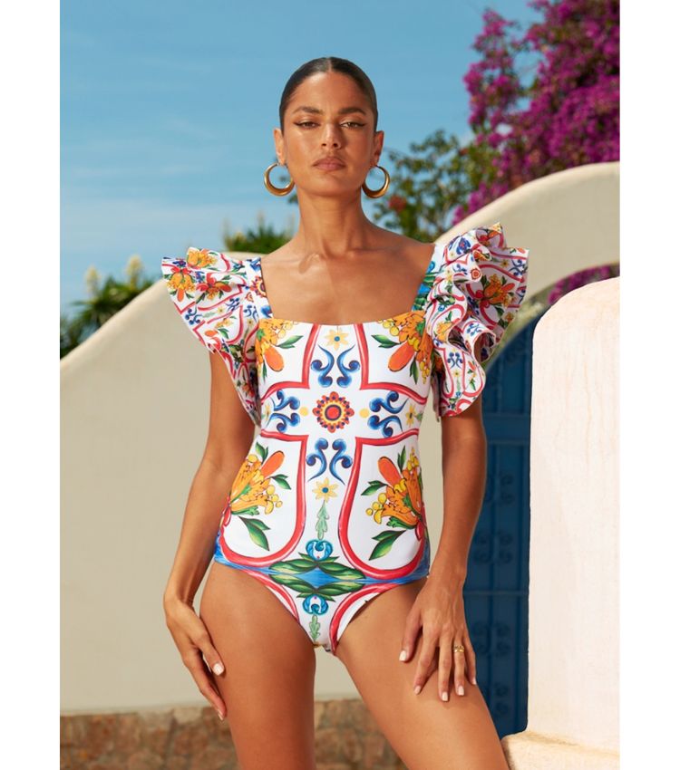 Plus Size Ruffle Sleeves  Paisley-print  One Piece Swimsuit and Sarong or Paints Flaxmaker