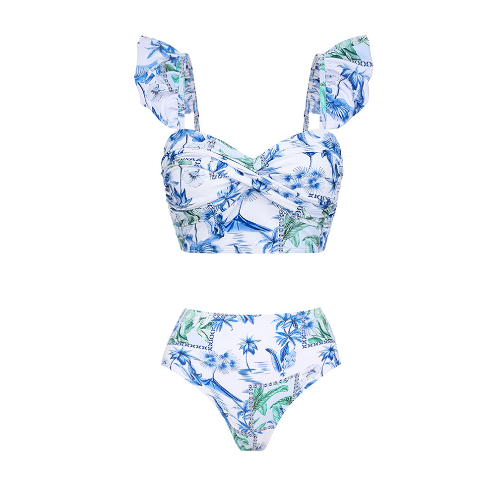 Plus Size Sling Ruffle Printed  High Waist Bikini Swimsuit and Pants