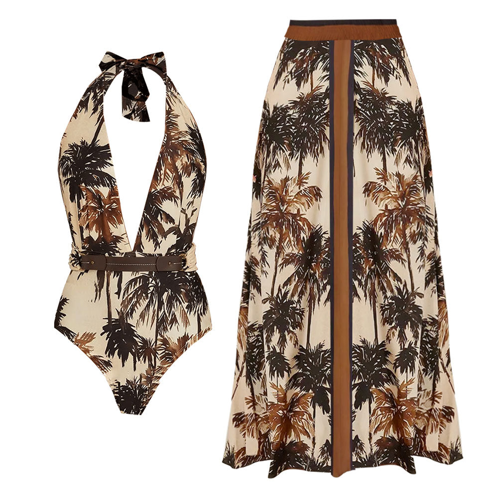 Plus Size V Neck Coconut Palm Print One Piece Swimsuit and Skirt