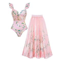 Plus Size Mini Ruffled Floral Print One Piece Swimsuit and Skirt Flaxmaker