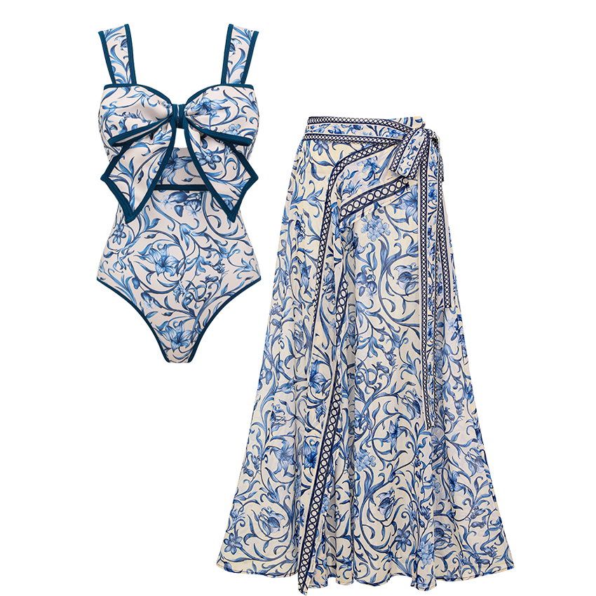 Plus Size Bowknot Lily Printed Swimsuit Set(s)