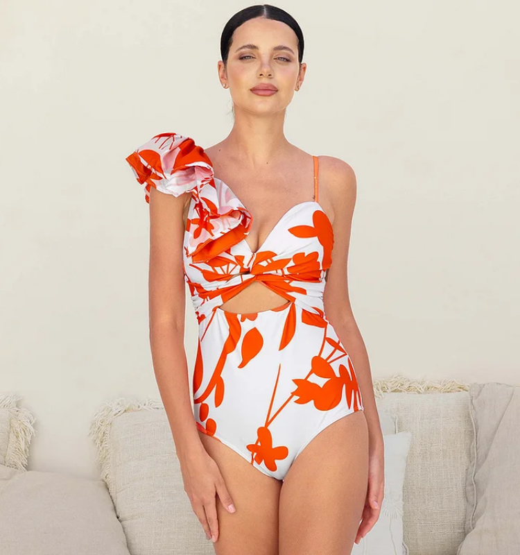 One Shoulder Ruffle Printed One Piece Swimsuit and Skirt