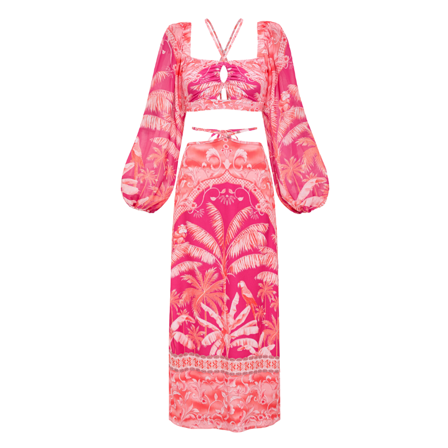 Plus Size Long-sleeved Tropical Jungle Print Bikini Swimsuit and Sarong Flaxmaker