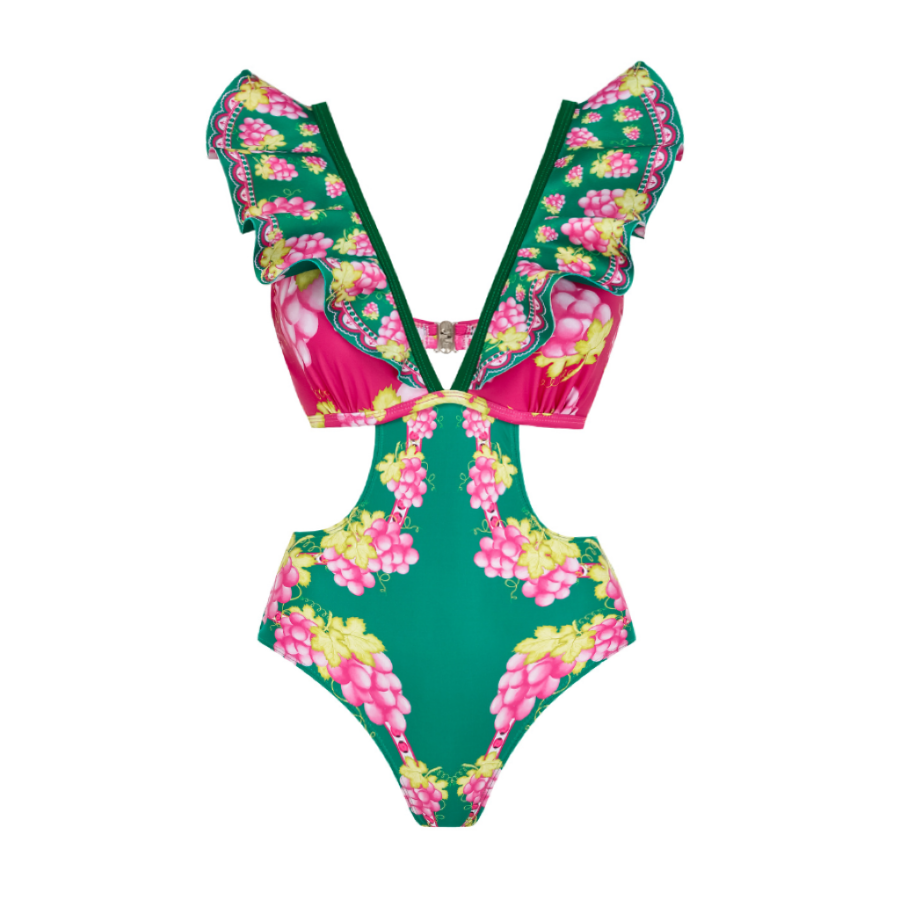 Plus Size Ruffled Deep V Cutout Retro Green Grapes Print One Piece Swimsuit and Skirt
