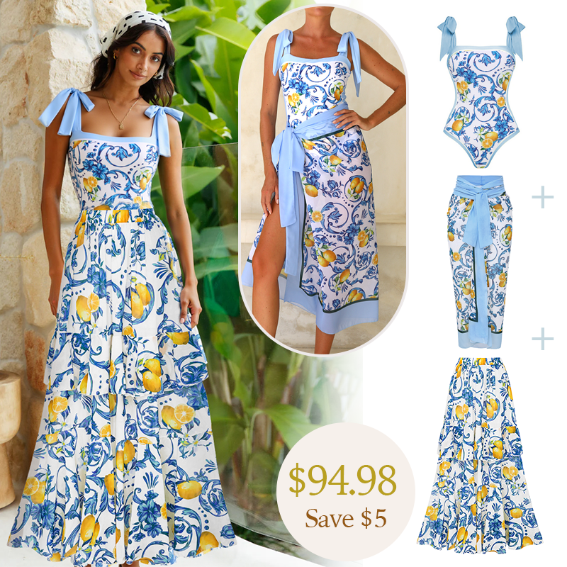 Lemon Print Tie-shoulder One Piece Swimsuit and Sarong or Skirt Flaxmaker