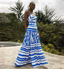 Sling Water Ripple Printed One Piece Swimsuit and Striped Skirt Flaxmaker