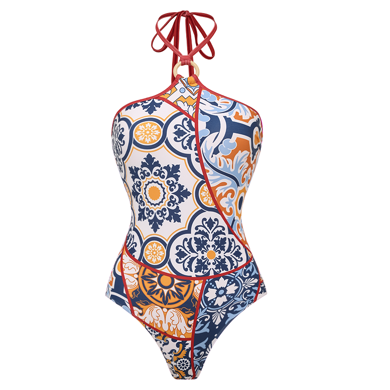 Plus Size Printed Halter One Piece Swimsuit and Sarong Flaxmaker
