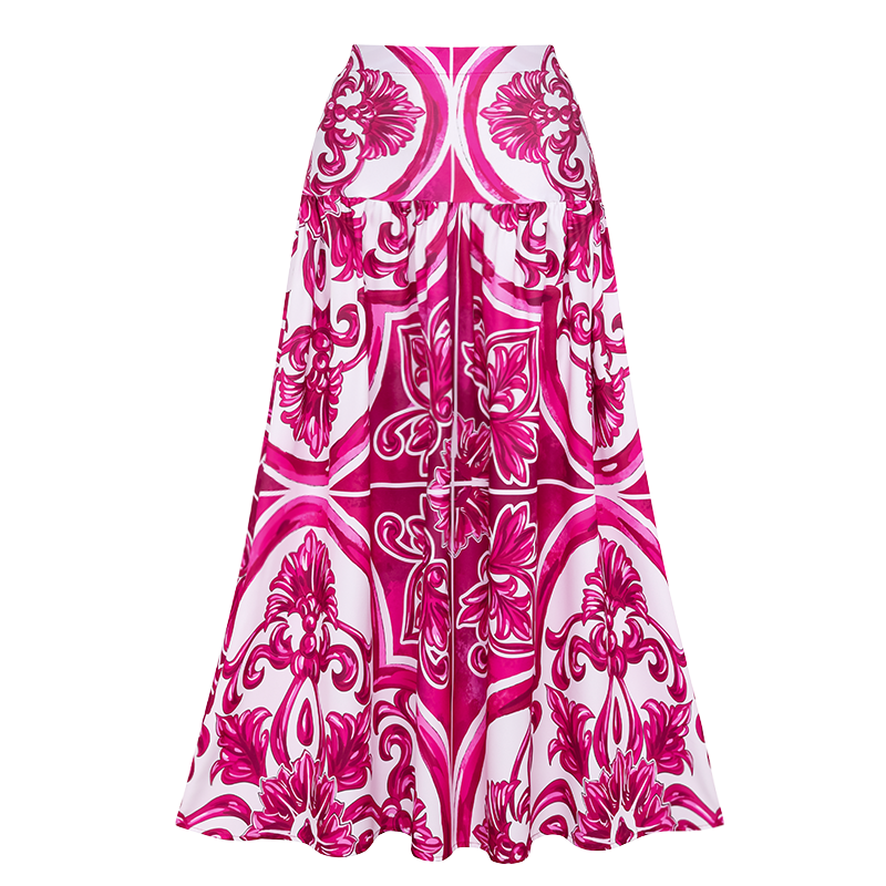 Long-Sleeved Classic Majolica Series Pattern Print One Piece Swimsuit and Skirt or Shorts