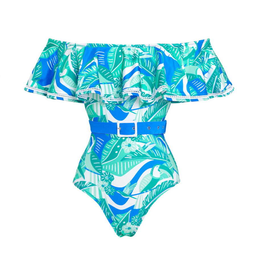 Plus Size Off Shoulder Ruffled Printed One Piece Swimsuit and Skirt