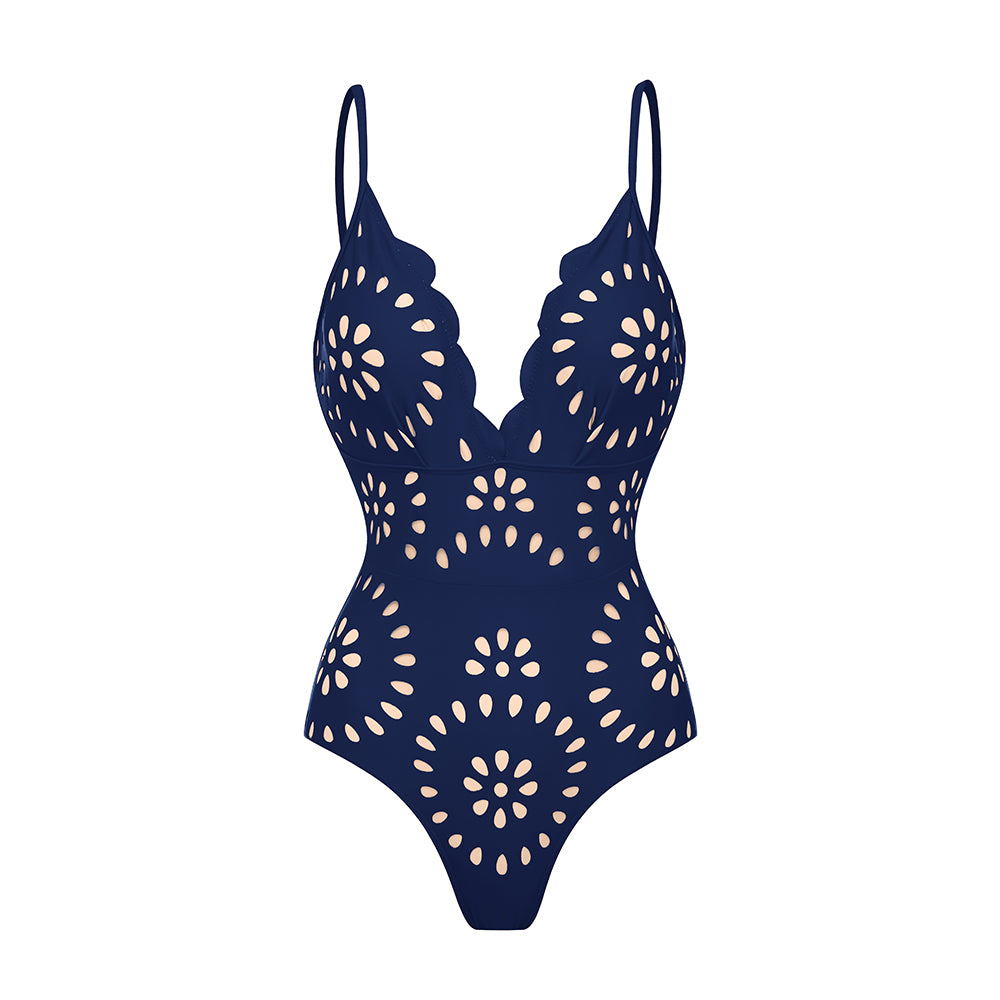 Plus Size Navy Blue Laser Cutting Flower Hollow One Piece Swimsuit and Skirt