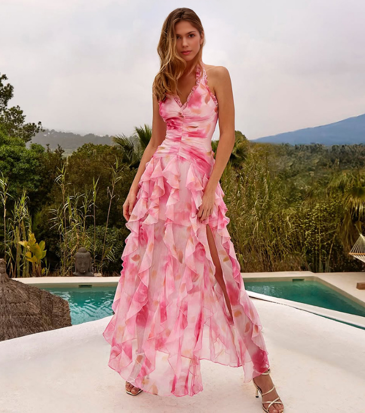 Plus Size Pink Flower-dyed Halter Neck One Piece Swimsuit and Skirt