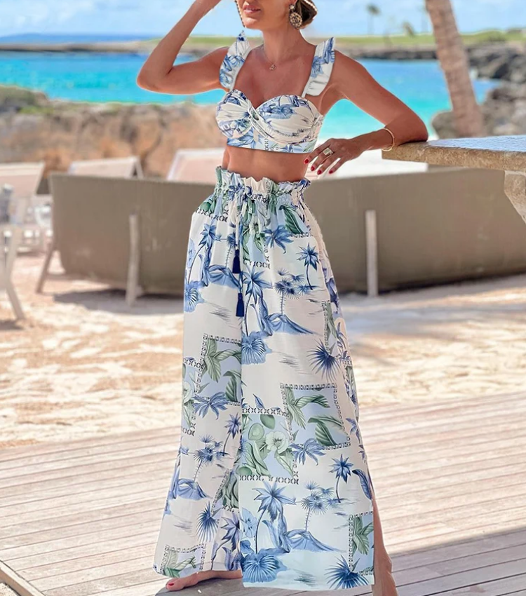 Plus Size Sling Ruffle Printed  High Waist Bikini Swimsuit and Pants