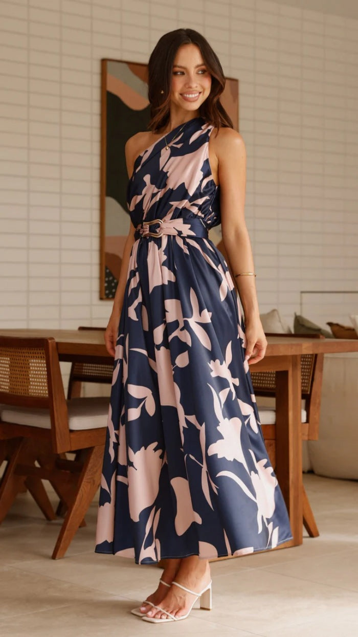 Oblique Shoulder Printed Dress