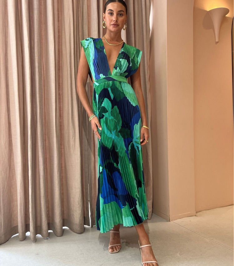 Pleated V Neck Color Block Printed Dress
