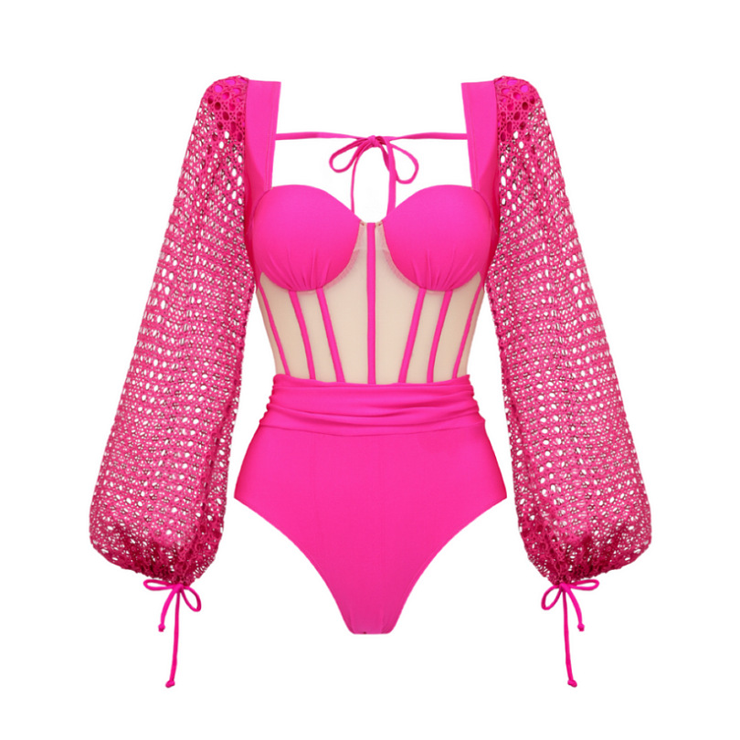 Mesh Hollow Long-sleeved Net Yarn Splicing One Piece Swimsuit and Sarong