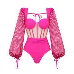 Mesh Hollow Long-sleeved Net Yarn Splicing One Piece Swimsuit and Sarong