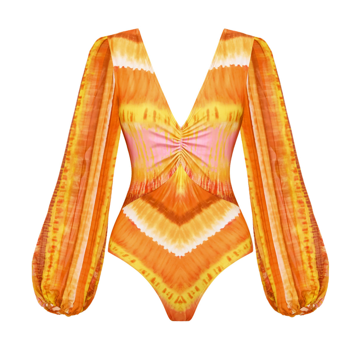 Long Sleeve V Neck Orange Gradient Print One Piece Swimsuit and Skirt