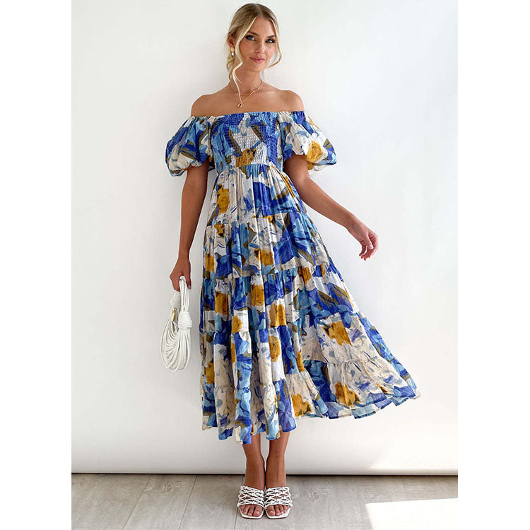 Off Shoulder Puff Sleeve Midi Dress