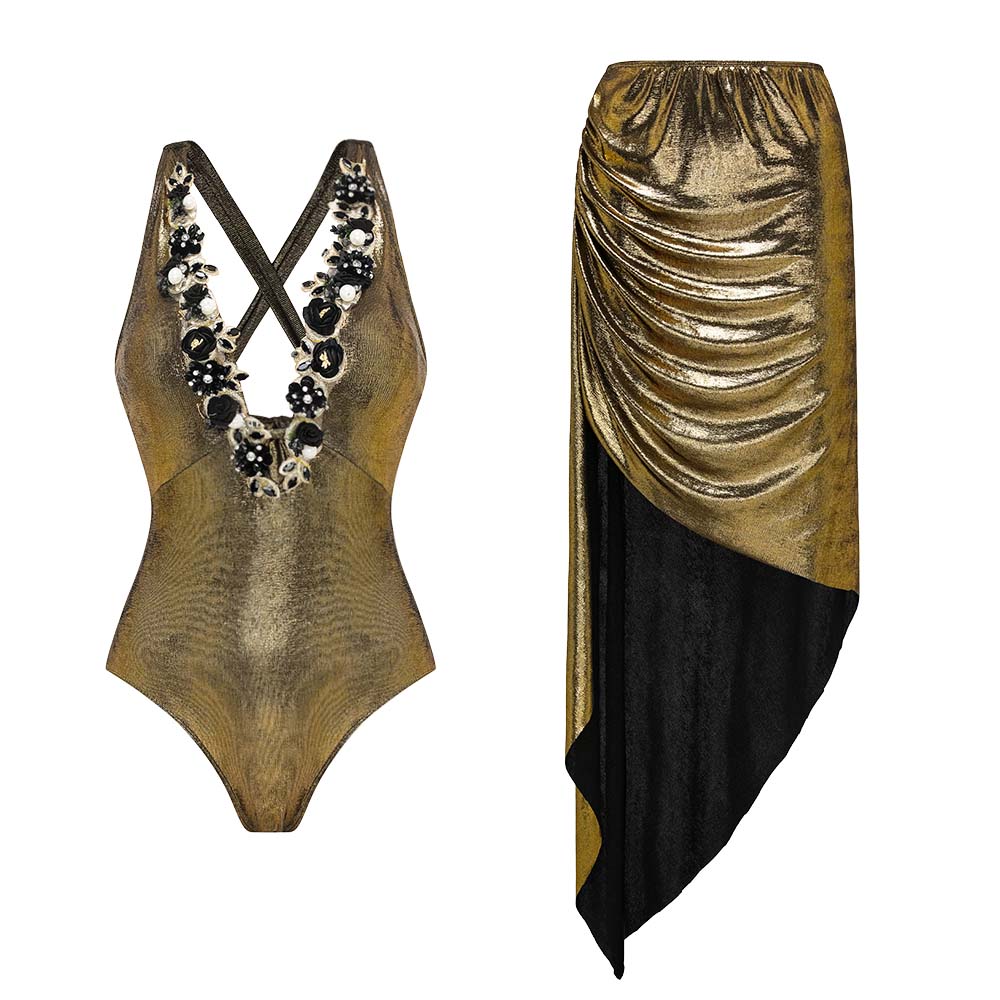 Plus Size Gold Shiny Beaded Flowers Deep V-neck One Piece Swimsuit and Split Skirt
