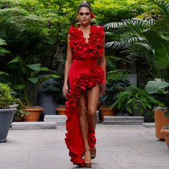 Plus Size Red Flower Frilled V Neck One Piece Swimsuit and Skirt