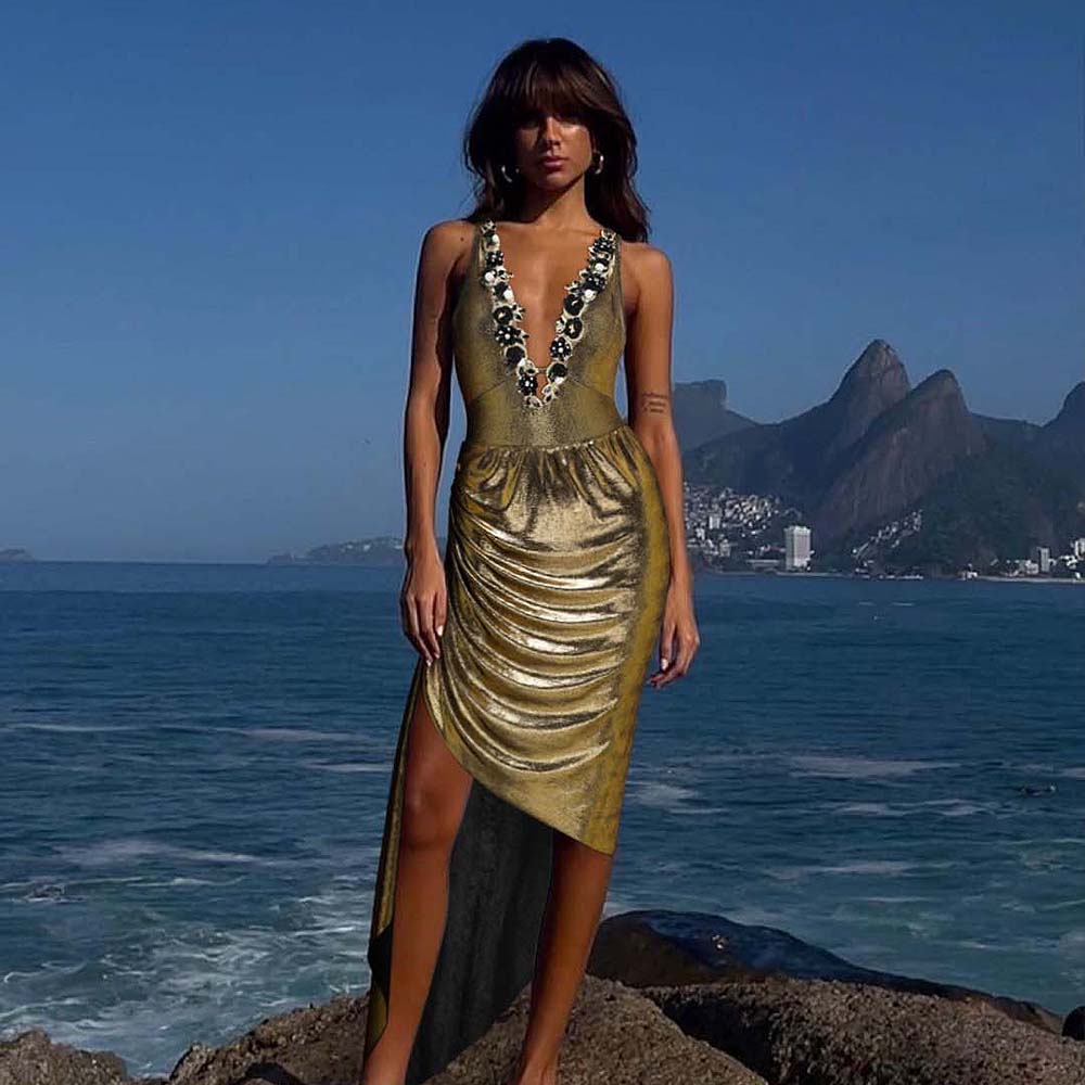 Plus Size Gold Shiny Beaded Flowers Deep V-neck One Piece Swimsuit and Split Skirt