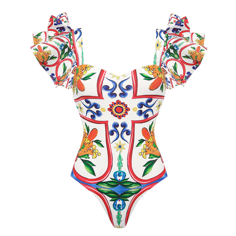 Plus Size Ruffle Sleeves  Paisley-print  One Piece Swimsuit and Sarong or Paints Flaxmaker